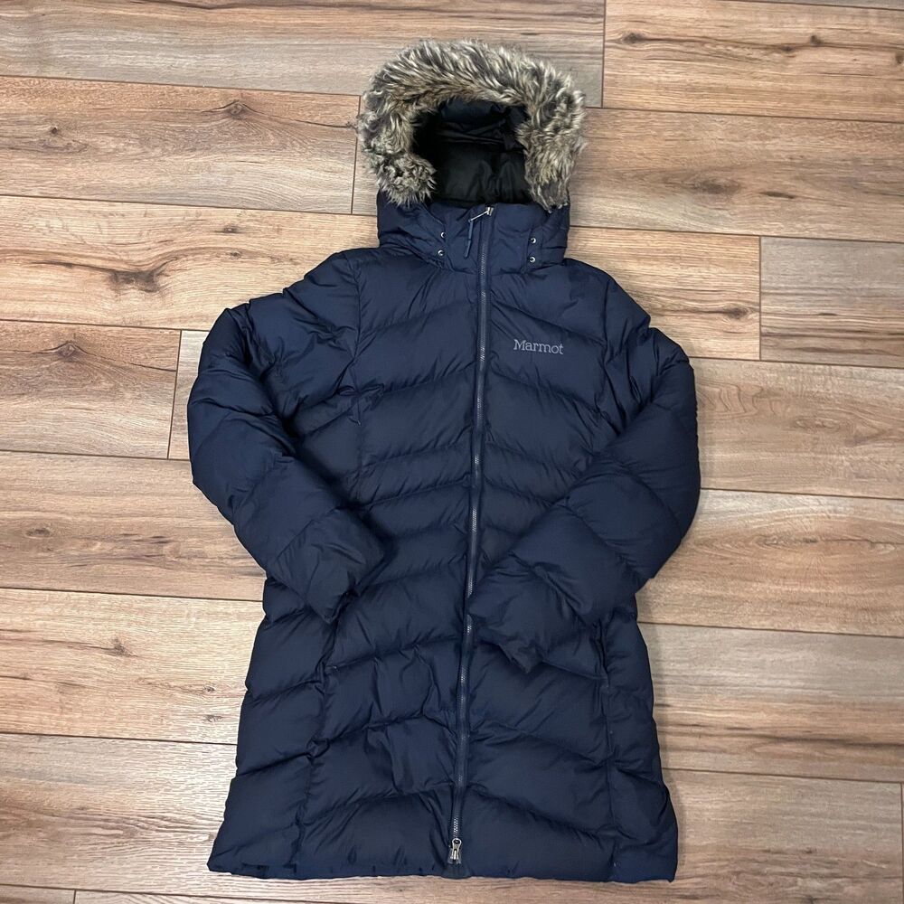 Marmot Montreal Puffer Parka Coat Navy 700 Fill Down Faux Fur Hood Women's M
